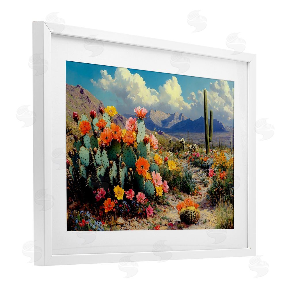 Franklyn Gregory Vibrant Cacti in Desert White Framed Print Under Glass with White Mat Wall Art