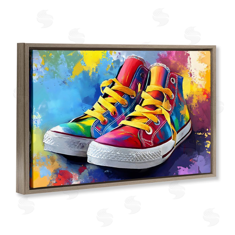 Creative Studio High Tops with Yellow Laces Brown Floating Framed Canvas Wall Art