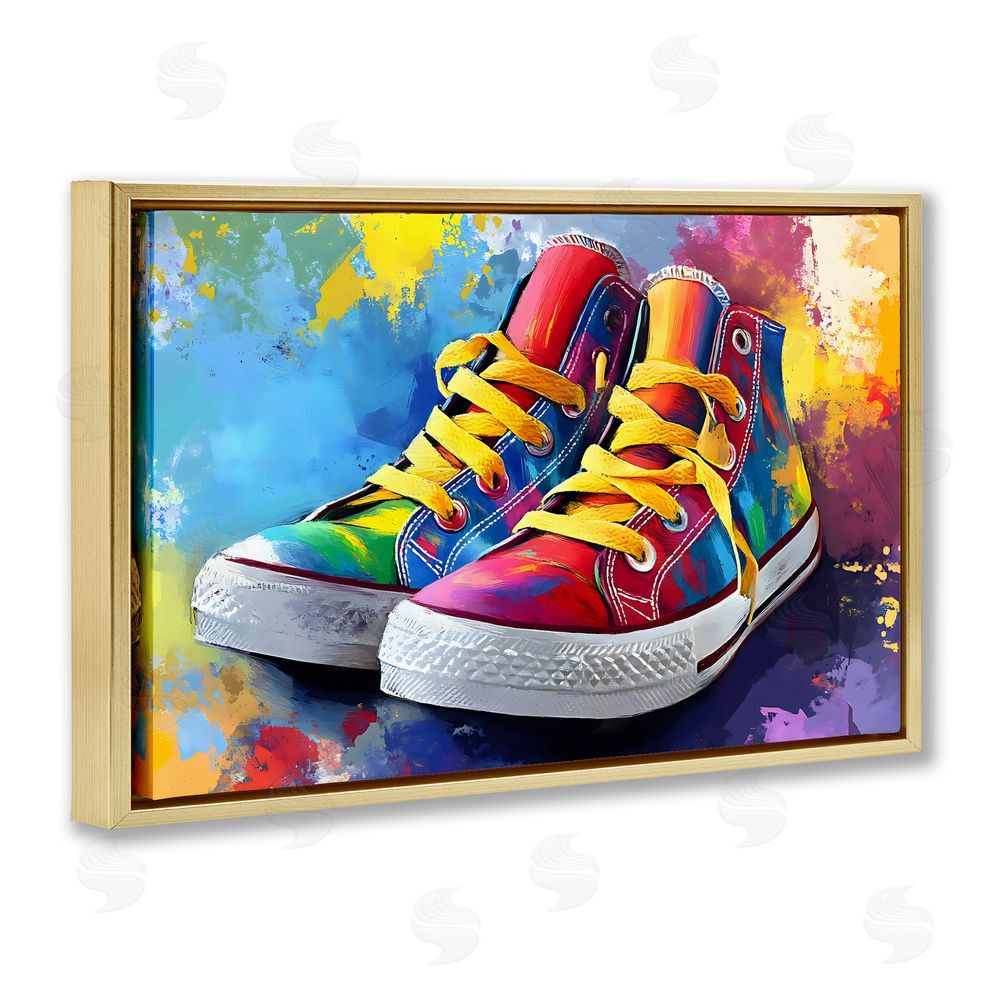 Creative Studio High Tops with Yellow Laces Gold Floating Framed Canvas Wall Art