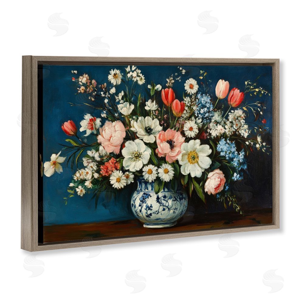 Petal Prints Design Colorful Bouquet in Vase Brown Floating Frame Canvas Wall Art Print
