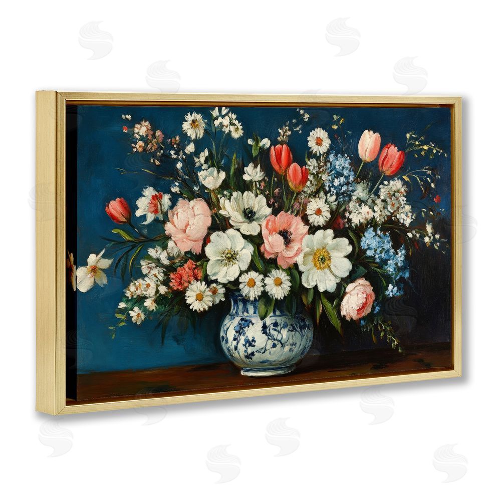 Petal Prints Design Colorful Bouquet in Vase Gold Floating Frame Canvas Wall Art Print