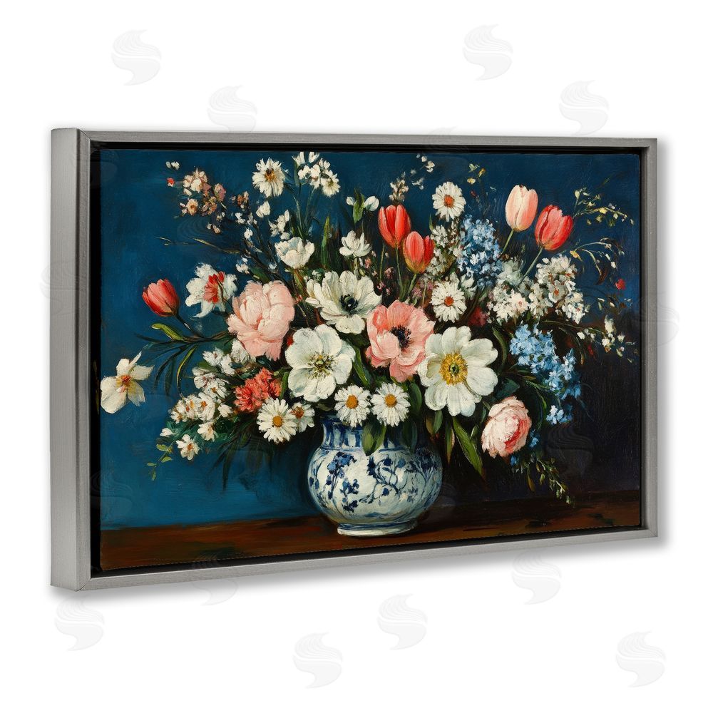 Petal Prints Design Colorful Bouquet in Vase Gray Floating Frame Canvas Wall Art Print