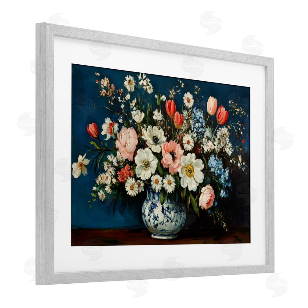 Petal Prints Design Colorful Bouquet in Vase Gray Framed Print Under Glass Wall Art