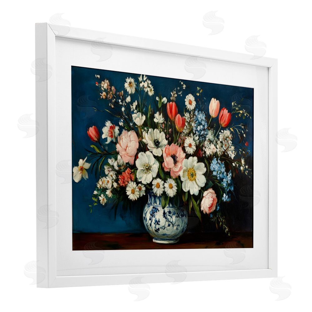 Petal Prints Design Colorful Bouquet in Vase White Framed Print Under Glass Wall Art