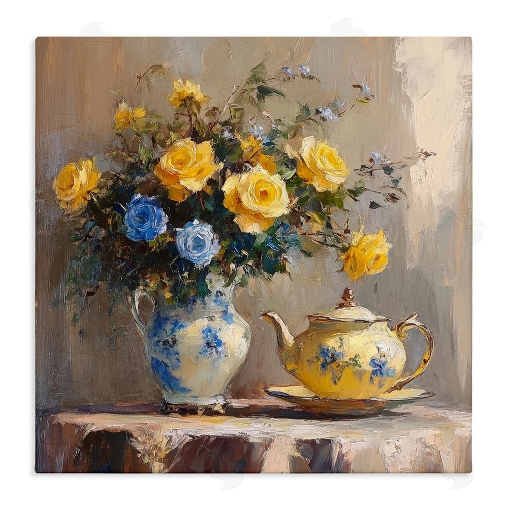 Petal Prints Design Tea Time Blue & Yellow Bouquet Stretched Canvas Wall Art Print