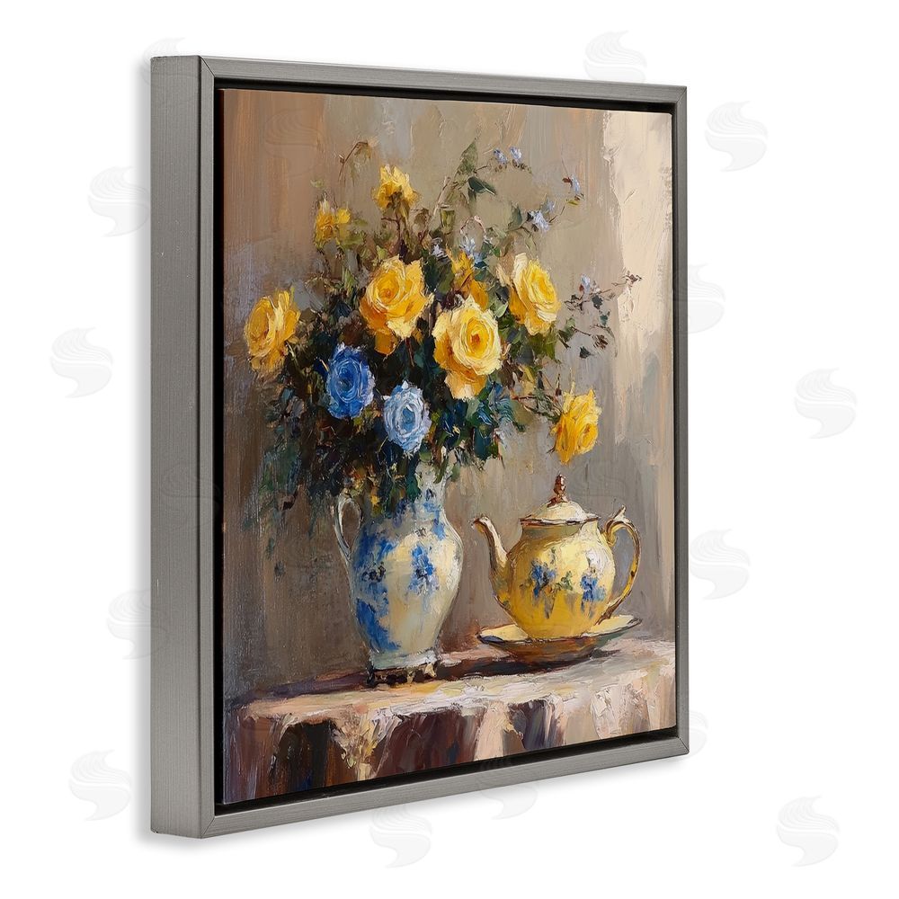 Petal Prints Design Tea Time Blue & Yellow Bouquet Gray Floating Framed Canvas Wall Art Print