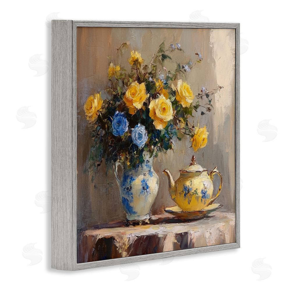 Petal Prints Design Tea Time Blue & Yellow Bouquet Gray Framed Giclee Wall Art Print