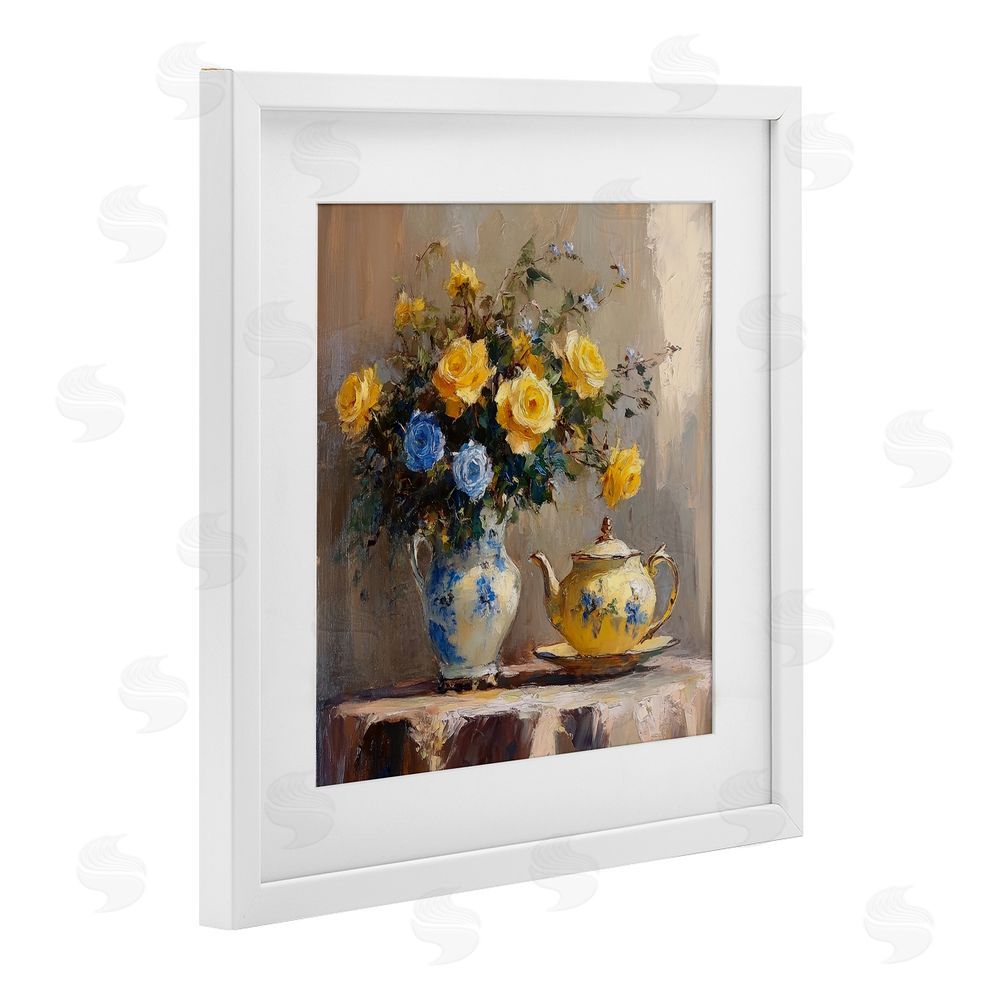 Petal Prints Design Tea Time Blue & Yellow Bouquet White Framed Print Under Glass with White Mat Wall Art
