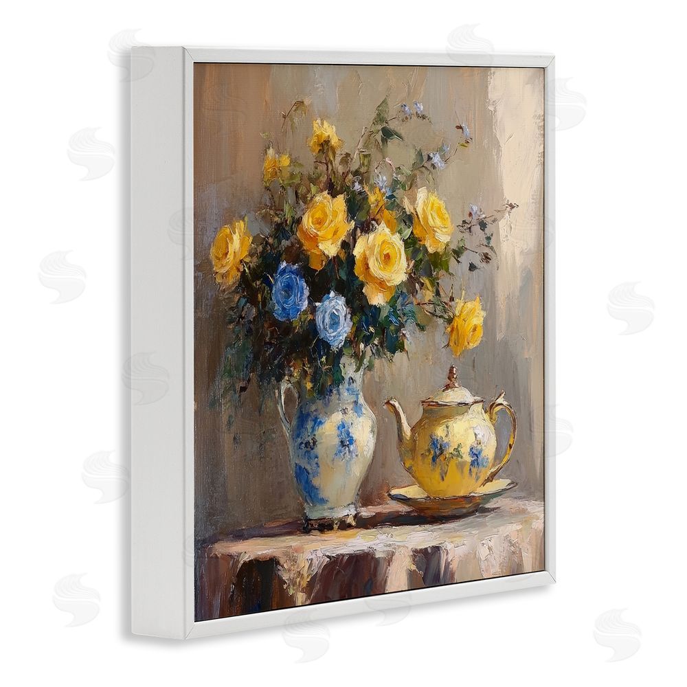 Petal Prints Design Tea Time Blue & Yellow Bouquet White Framed Giclee Wall Art Print