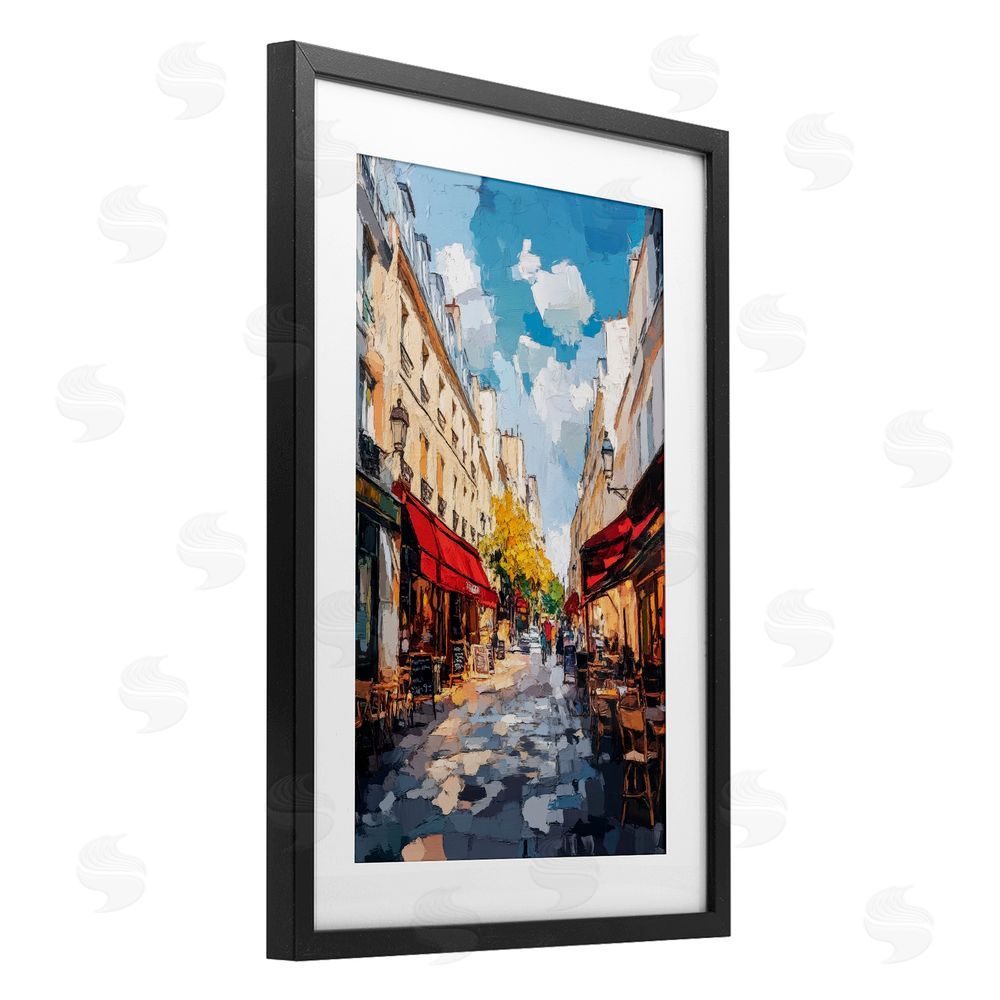 Petal Prints Design Charming Paris Street Scene Black Framed Print Under Glass with Matting Wall Art