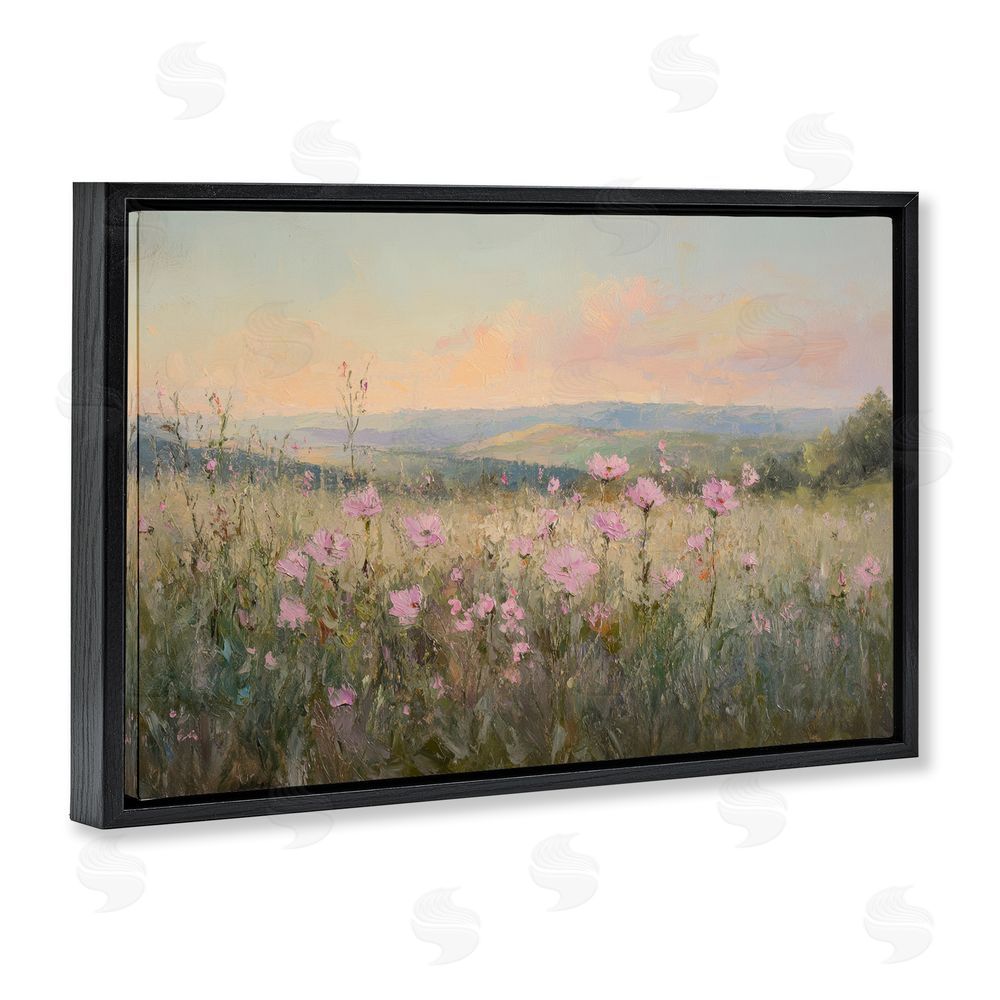 Petal Prints Design Tranquil Meadow At Dawn Black Floating Framed Canvas Wall Art Print