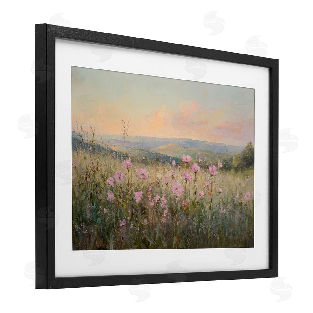 Petal Prints Design Tranquil Meadow At Dawn Black Framed Print Under Glass with White Mat Wall Art
