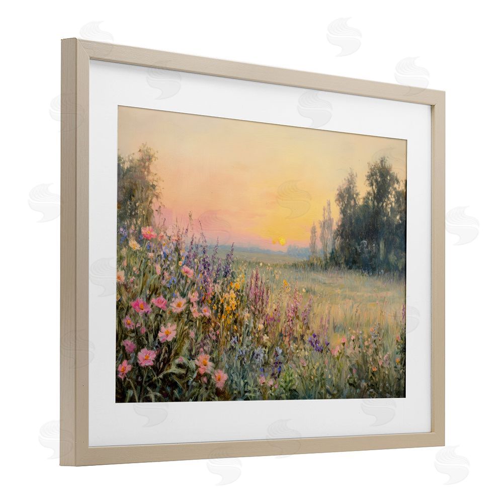 Petal Prints Design Serene Twilight Meadow Brown Framed Print Under Glass with White Mat Wall Art