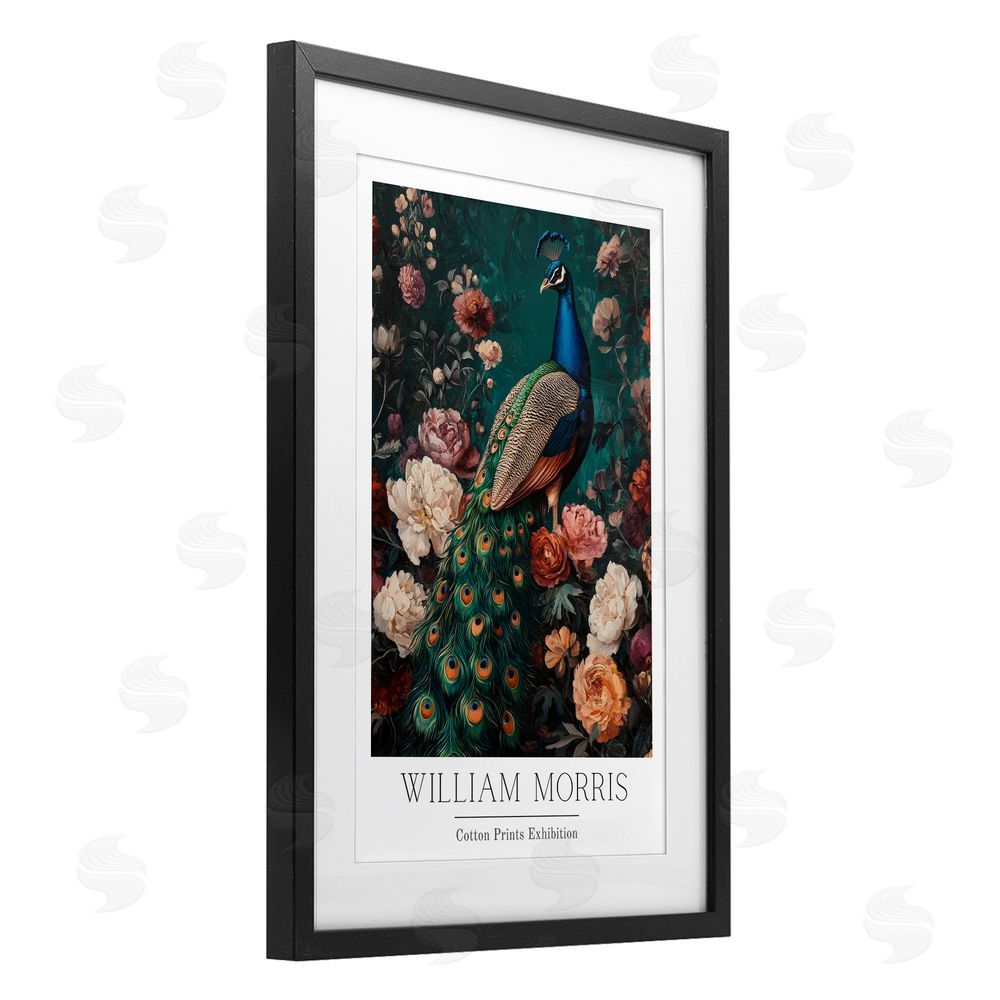 Petal Prints Design Vintage Floral Peacock William Morris Black Framed Print Under Glass with White Mat Wall Art