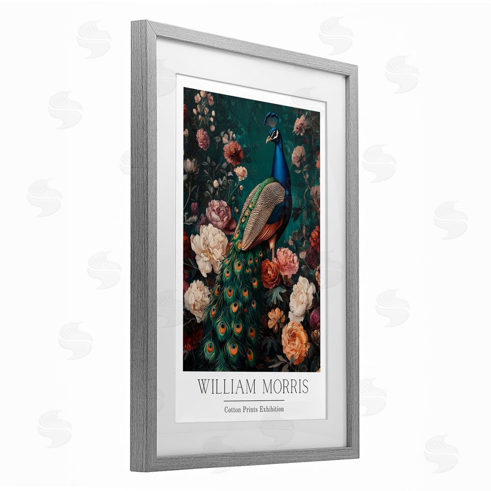 Petal Prints Design Vintage Floral Peacock William Morris Gray Framed Print Under Glass with White Mat Wall Art