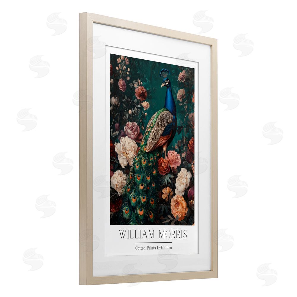 Petal Prints Design Vintage Floral Peacock William Morris Brown Framed Print Under Glass with White Mat Wall Art