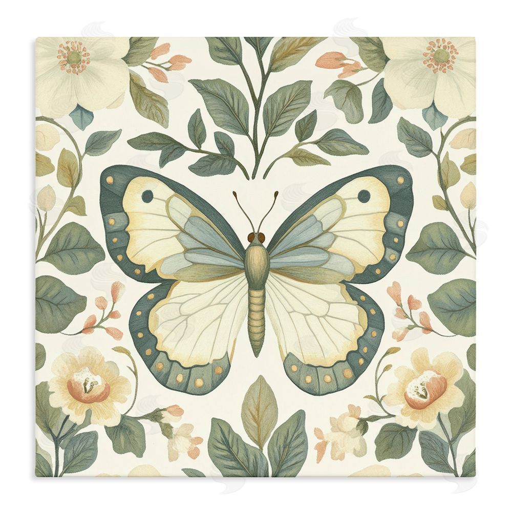 Petal Prints Design Sage Butterfly and Florals Stretched Canvas Wall Art