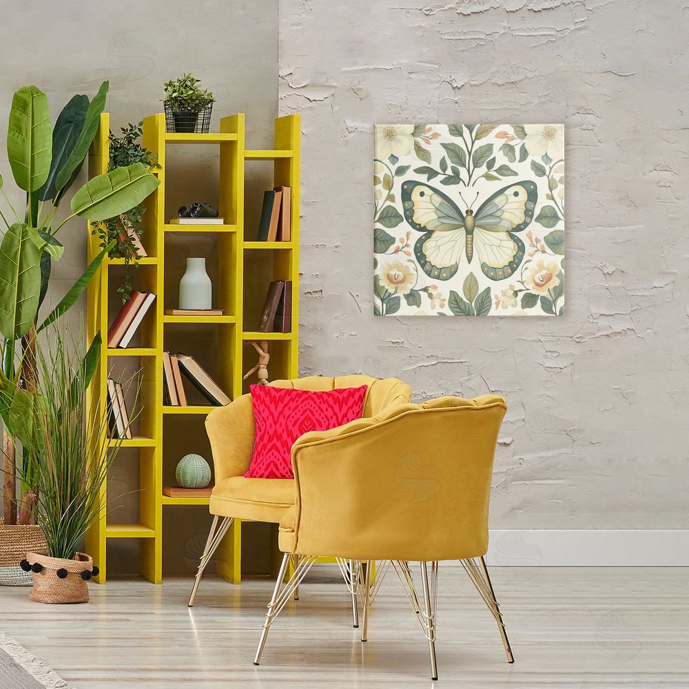 Petal Prints Design Sage Butterfly and Florals Stretched Canvas Wall Art in Room