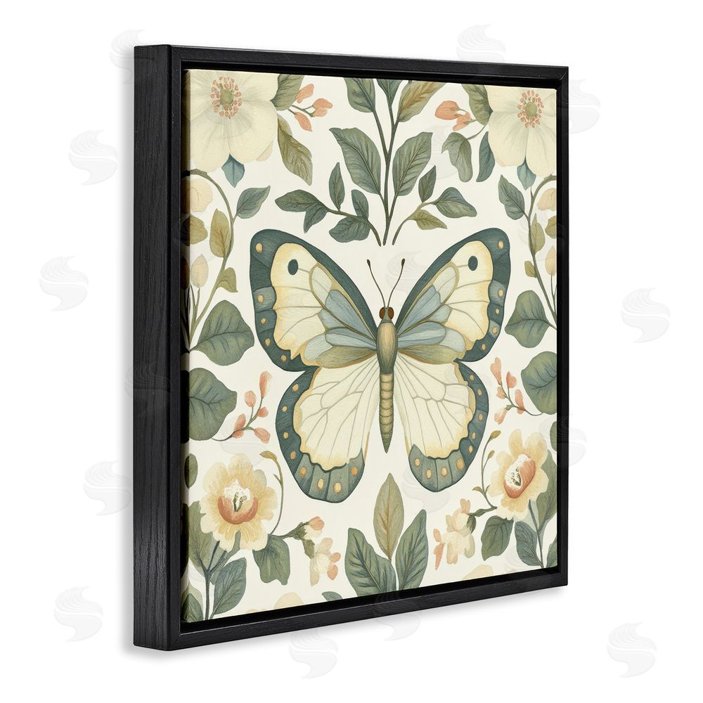 Petal Prints Design Sage Butterfly and Florals Black Floating Framed Canvas Wall Art