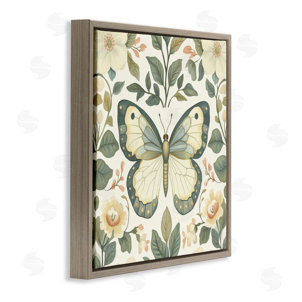 Petal Prints Design Sage Butterfly and Florals Brown Floating Framed Canvas Wall Art