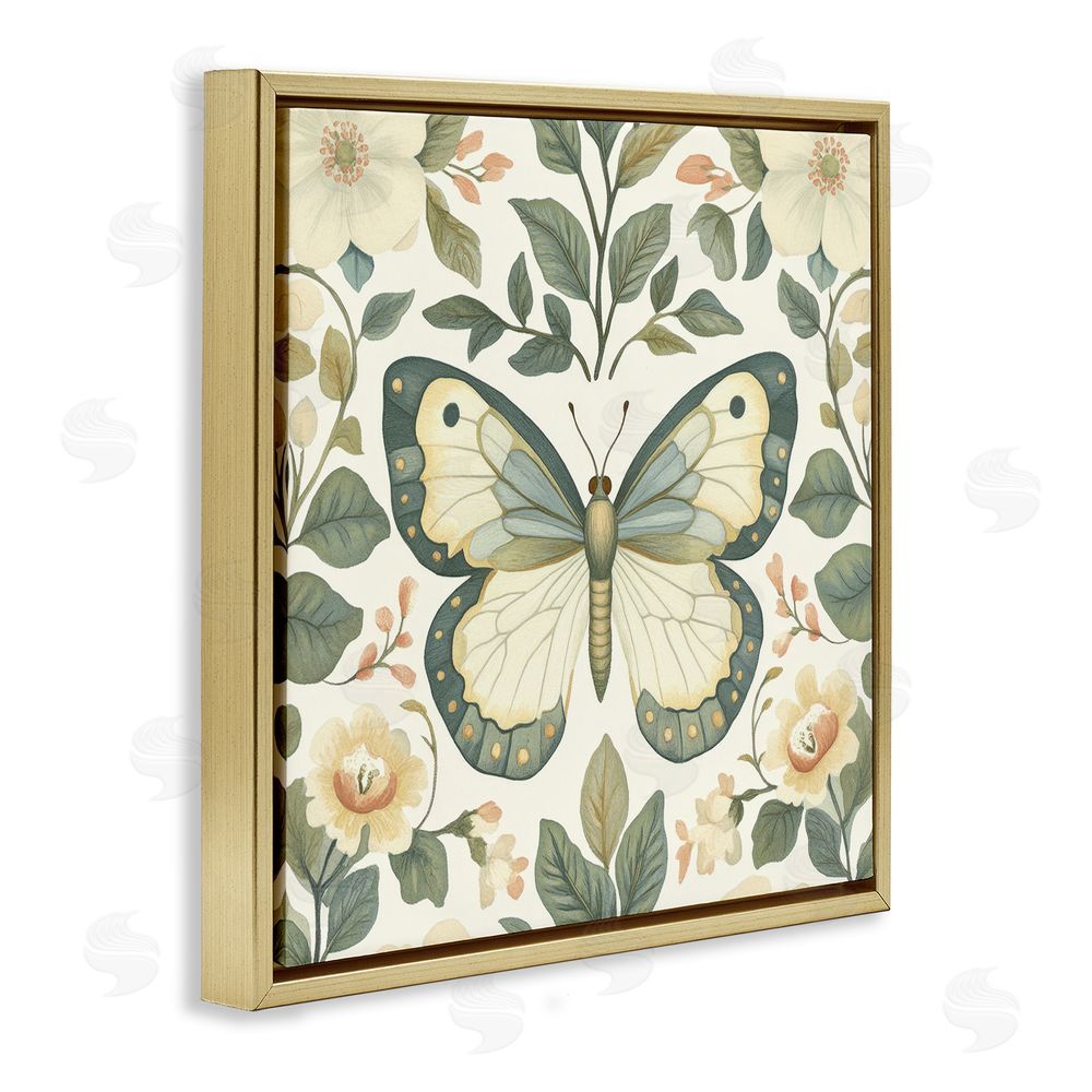 Petal Prints Design Sage Butterfly and Florals Gold Floating Framed Canvas Wall Art