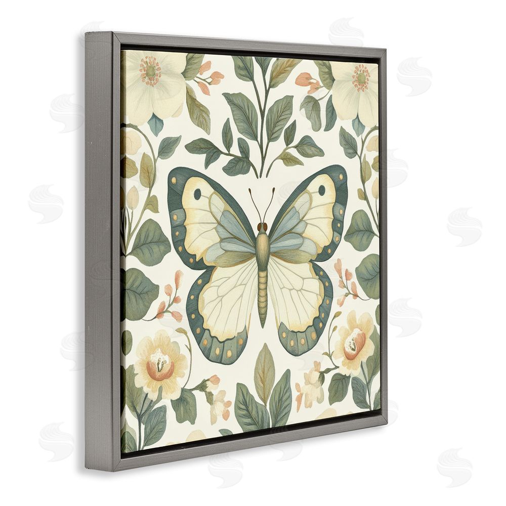 Petal Prints Design Sage Butterfly and Florals Gray Floating Framed Canvas Wall Art