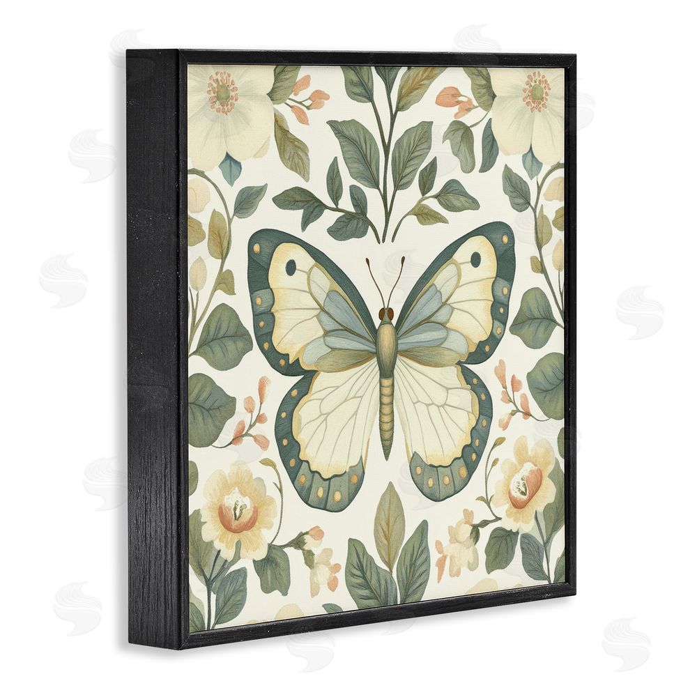 Petal Prints Design Sage Butterfly and Florals Black Framed Giclee Wall Art