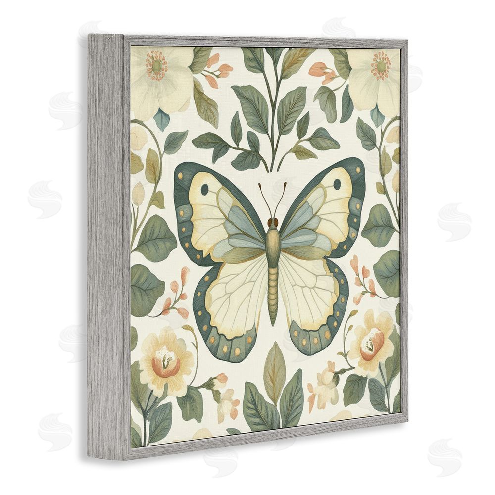 Petal Prints Design Sage Butterfly and Florals Gray Framed Giclee Wall Art