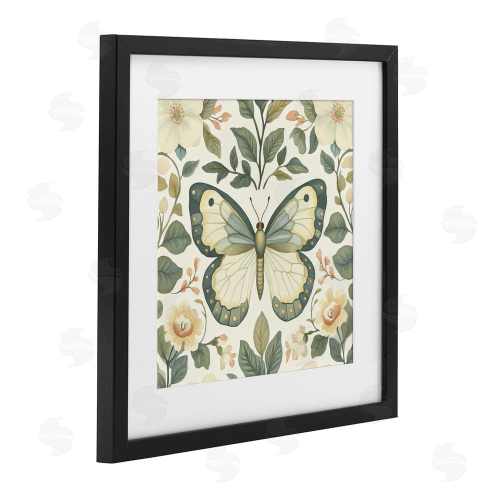 Petal Prints Design Sage Butterfly and Florals Black Framed Print Under Glass Wall Art