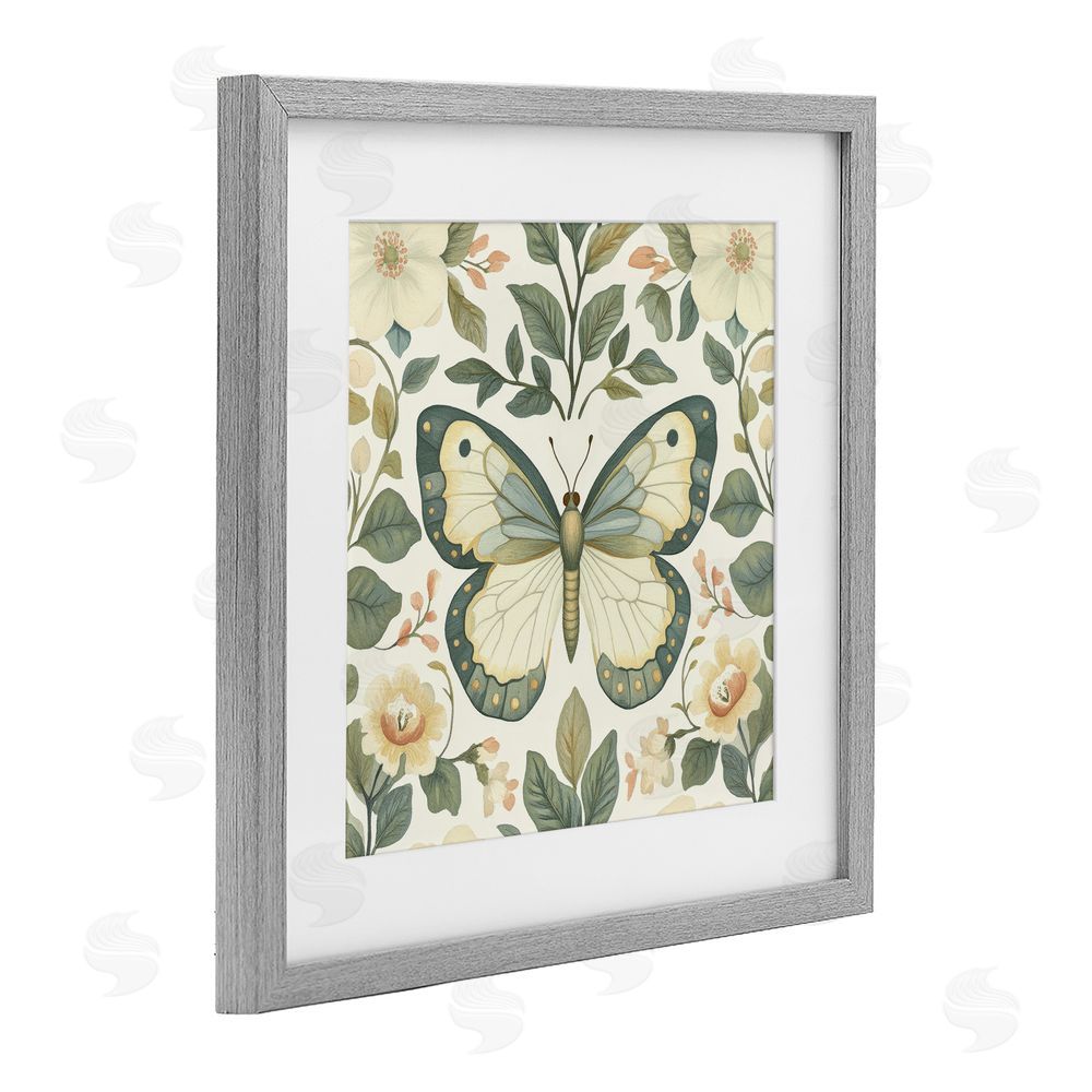Petal Prints Design Sage Butterfly and Florals Gray Framed Print Under Glass Wall Art