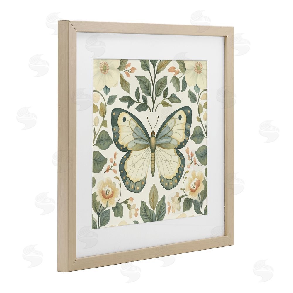 Petal Prints Design Sage Butterfly and Florals Brown Framed Print Under Glass Wall Art