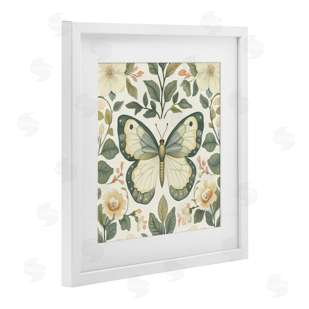 Petal Prints Design Sage Butterfly and Florals White Framed Print Under Glass Wall Art