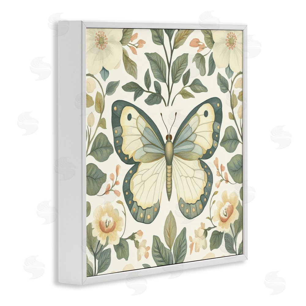 Petal Prints Design Sage Butterfly and Florals White Framed Giclee Wall Art