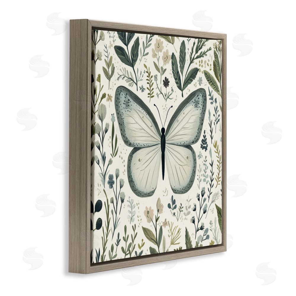 Petal Prints Design Dusty Blue Butterfly Botanicals Brown Floating Frame Canvas Wall Art Print