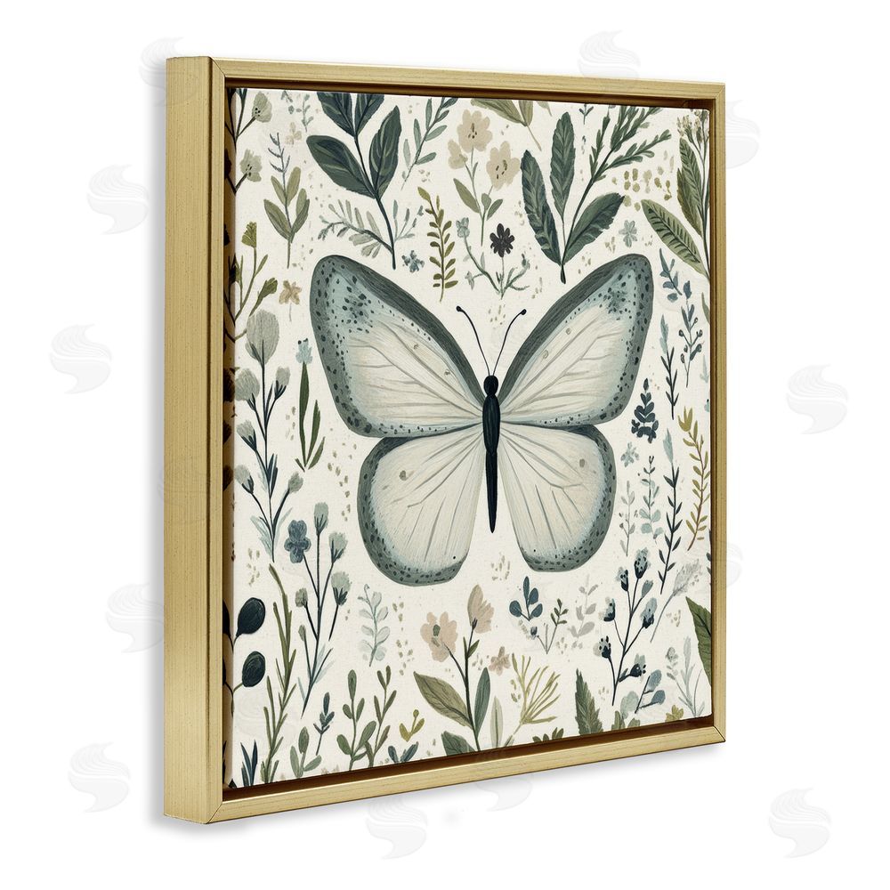 Petal Prints Design Dusty Blue Butterfly Botanicals Gold Floating Frame Canvas Wall Art Print
