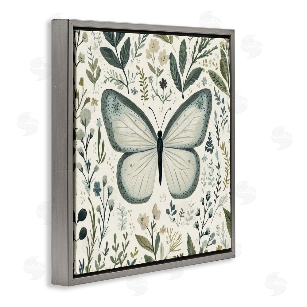 Petal Prints Design Dusty Blue Butterfly Botanicals Gray Floating Frame Canvas Wall Art Print