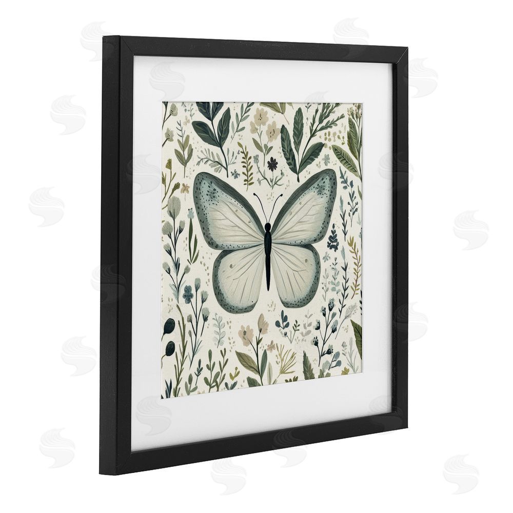 Petal Prints Design Dusty Blue Butterfly Botanicals Black Framed Print Under Glass Wall Art