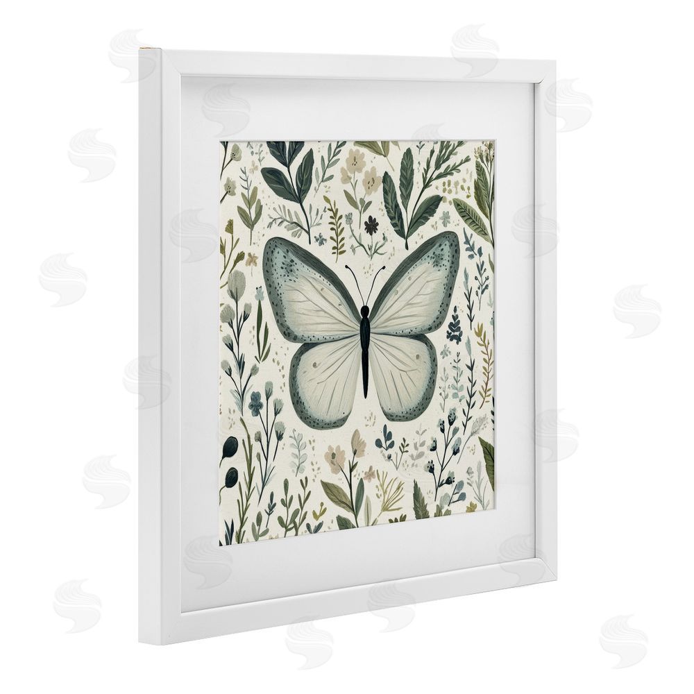 Petal Prints Design Dusty Blue Butterfly Botanicals White Framed Print Under Glass Wall Art