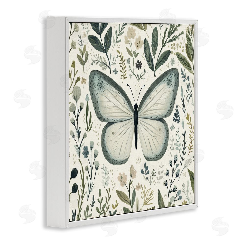 Petal Prints Design Dusty Blue Butterfly Botanicals White Framed Giclee Wall Art Print