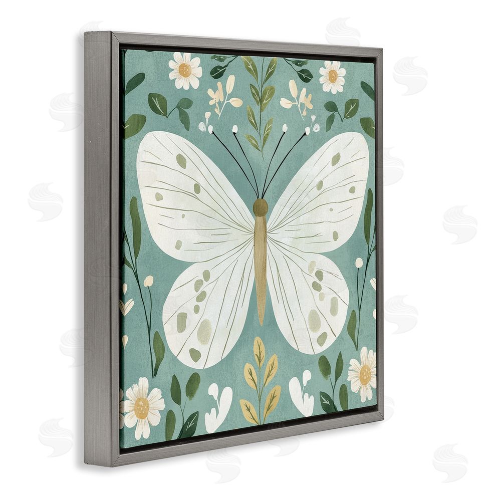 Petal Prints Design Teal Butterfly Garden with Daisies Gray Floating Framed Canvas Wall Art Print