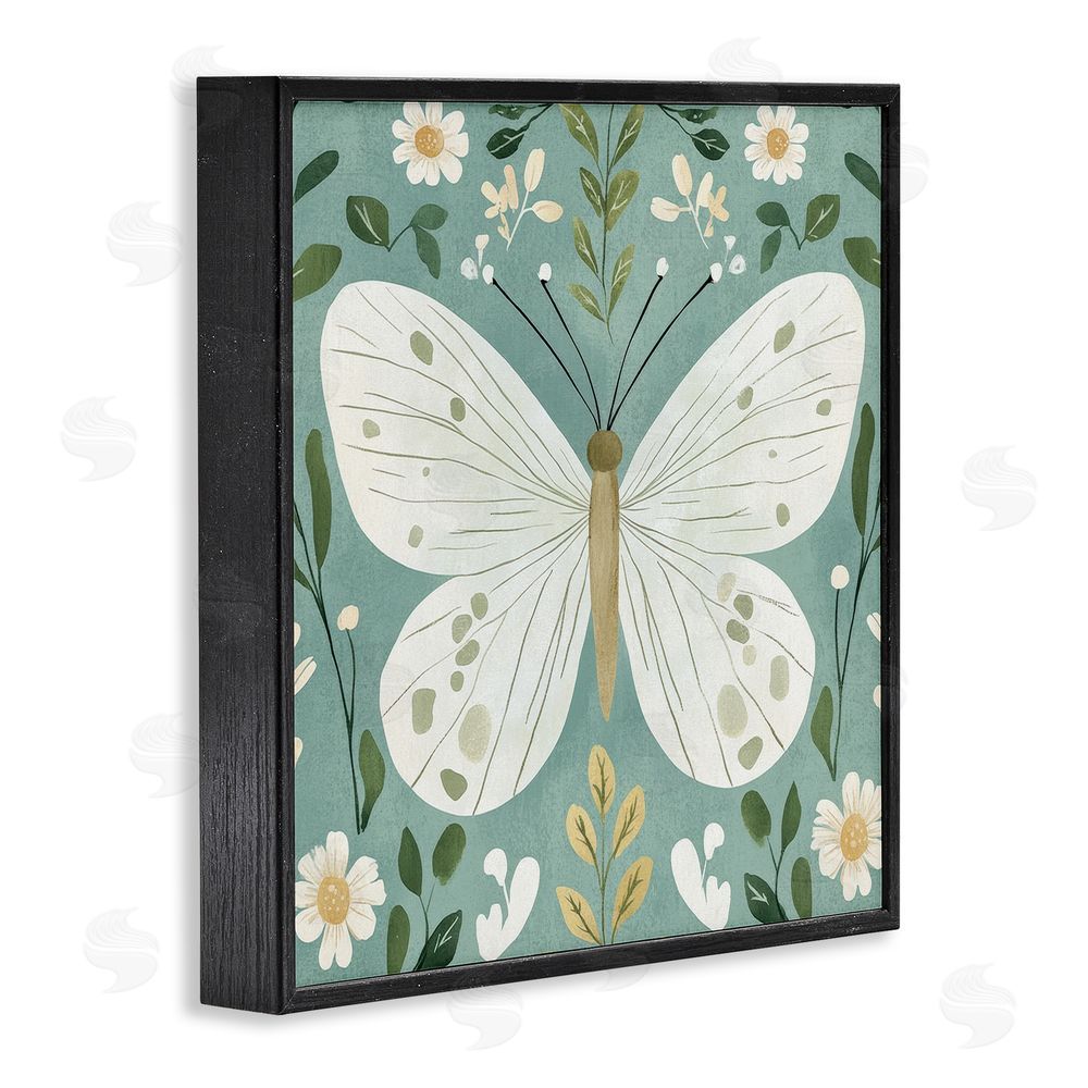 Petal Prints Design Teal Butterfly Garden with Daisies Black Framed Giclee Wall Art Print