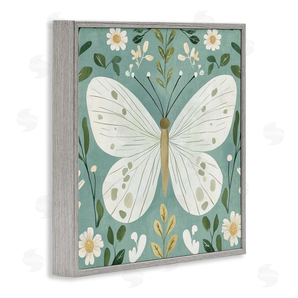 Petal Prints Design Teal Butterfly Garden with Daisies Gray Framed Giclee Wall Art Print