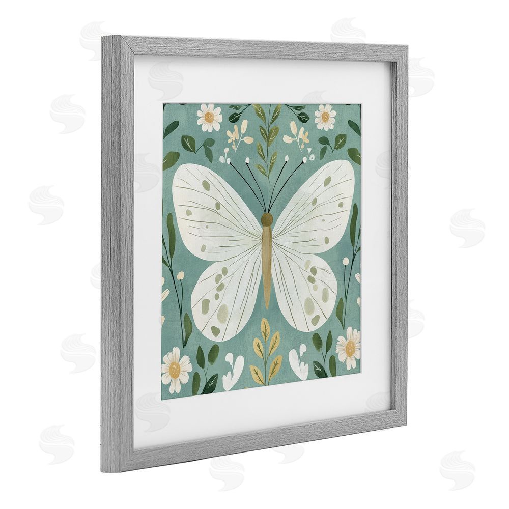 Petal Prints Design Teal Butterfly Garden with Daisies Gray Framed Print Under Glass with White Mat Wall Art