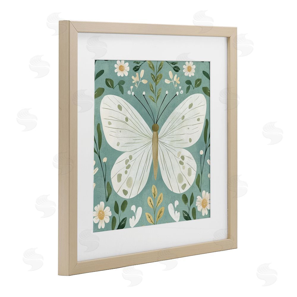 Petal Prints Design Teal Butterfly Garden with Daisies Brown Framed Print Under Glass with White Mat Wall Art