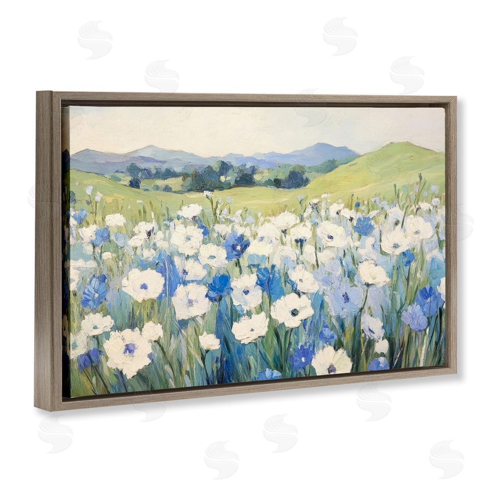 Petal Prints Design Blue & White Daisies Brown Floating Frame Canvas Wall Art Print
