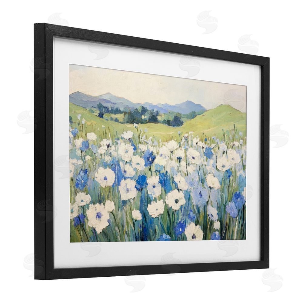 Petal Prints Design Blue & White Daisies Black Framed Print Under Glass Wall Art