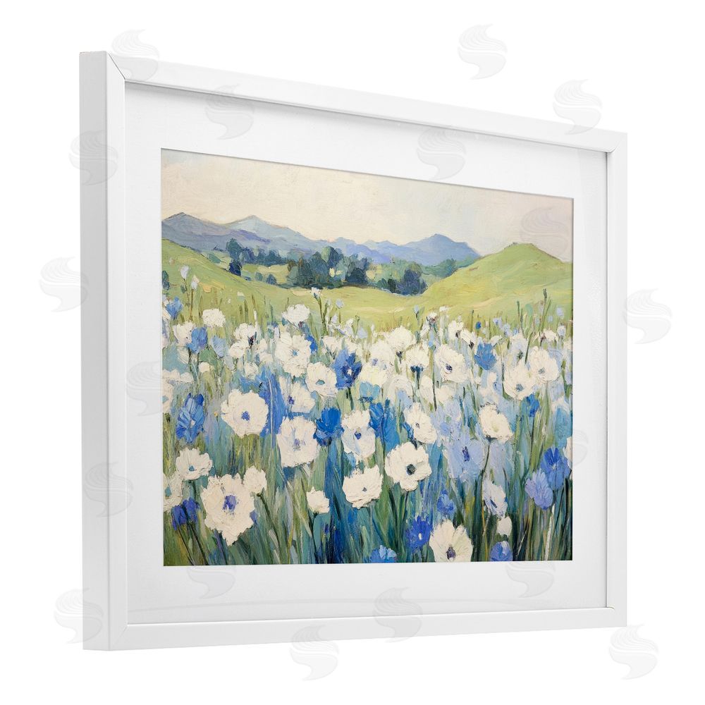 Petal Prints Design Blue & White Daisies White Framed Print Under Glass Wall Art