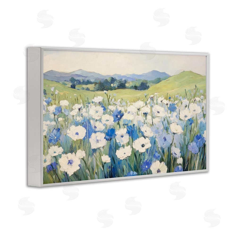 Petal Prints Design Blue & White Daisies White Framed Giclee Wall Art Print