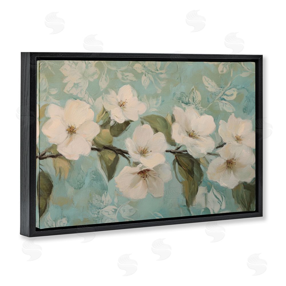 Petal Prints Design Serene Flower Branch Blooms Black Floating Framed Canvas Wall Art Print