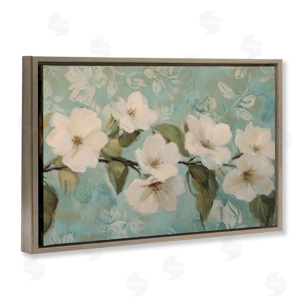 Petal Prints Design Serene Flower Branch Blooms Brown Floating Framed Canvas Wall Art Print